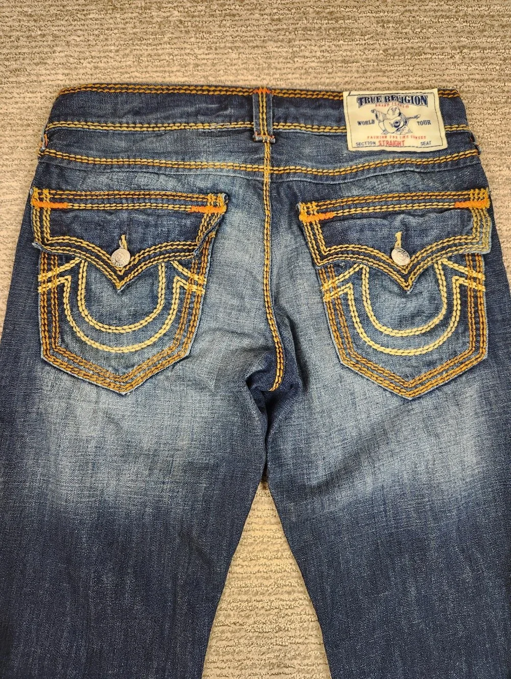 True Religion Mega t Straight Jeans Mens 32x34 Brown Thick Stitch Flap Pocket